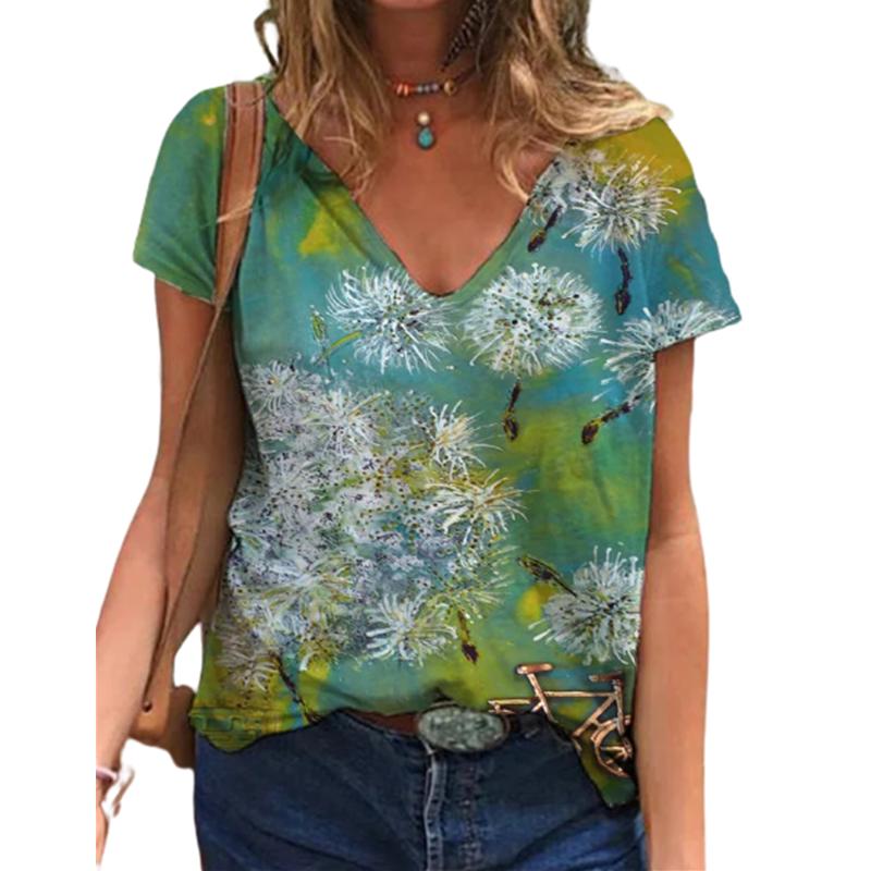 Fashion Spring  Dandelion Print Blouses Short Sleeved V-Neck T Shirts Casual