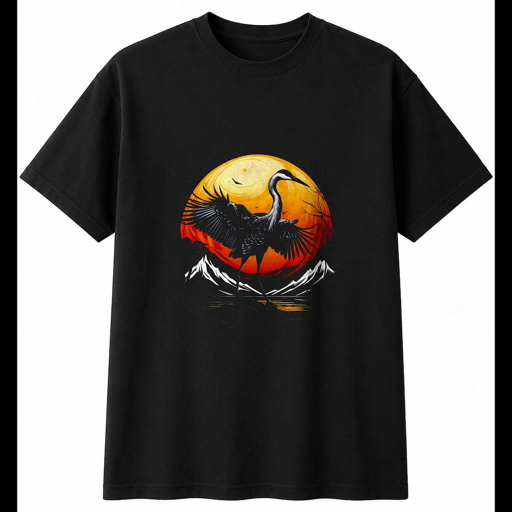 Tattoo Crane Bird In Moonlight Mens T-Shirt Black 100% Cotton Wildlife Printed