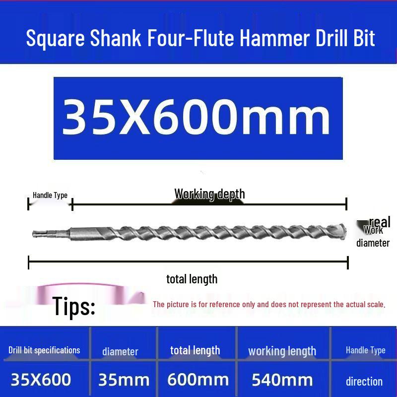 Extended Electric Hammer Drill Bit, Square & Round Shank, for Concrete Piercing - Available in 500mm to 2m Lengths