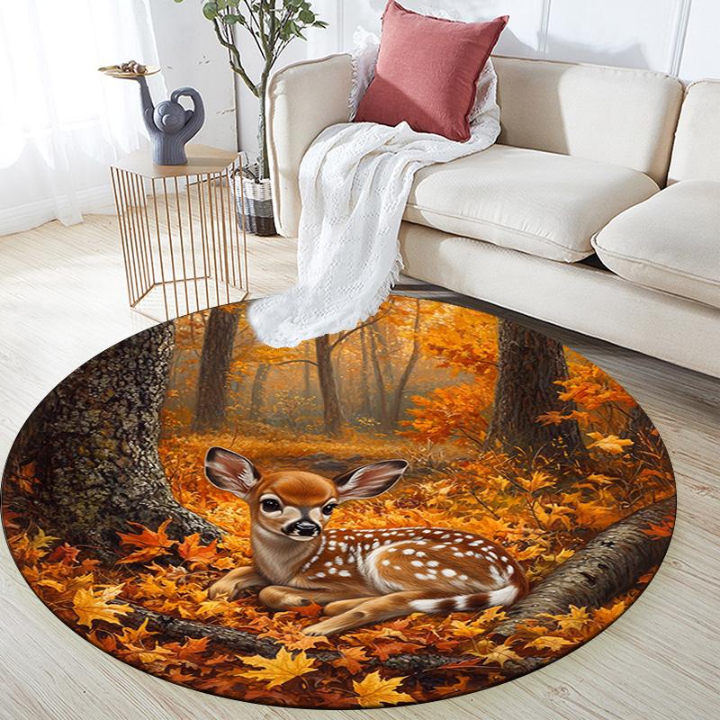Autumnal Fawn Round Area Rug,Carpet Rug for Living Room Bedroom Sofa Playroom Decor,Non-slip Floor Mat