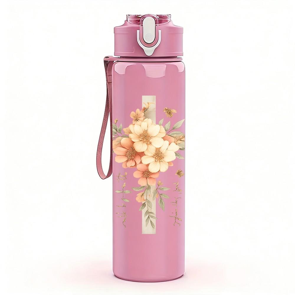 1PC Cross Flower Religious Art Print 750ml Color Plastic Sports Water Bottle Leakproof Flip Straw Lid Suitable for Sports Office Home Use