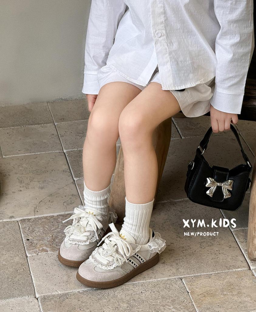 Spring 2026 Kids' Korean-Style Mesh Trainers with Pearl & Lace Trim