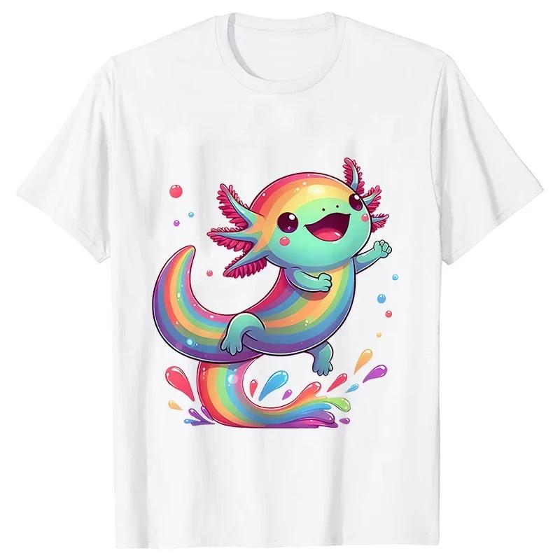 

Rainbow Axolotl Cartoon Graphic TShirt Soft Cotton Crewneck Tee for Casual Wear S