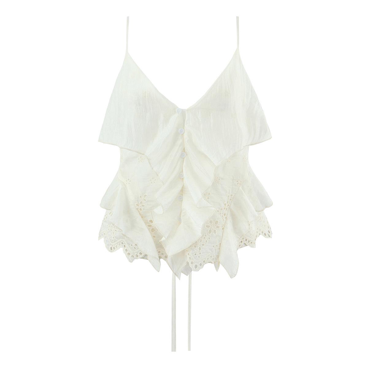 2026 French Women s V-neck Ruffled Camisole & Lace Trim Lantern Pants Set S