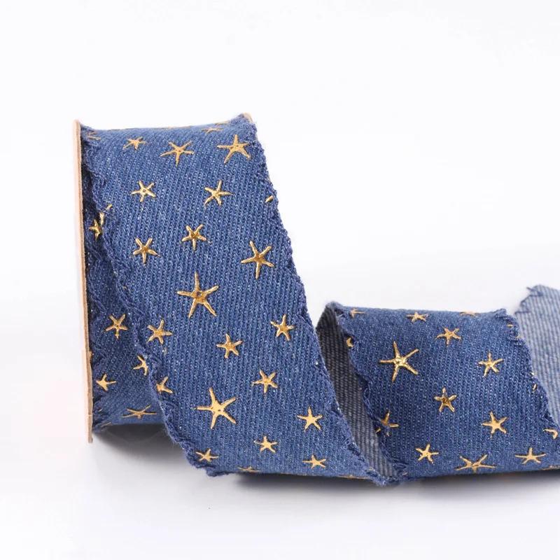 

5yards 25/40MM Denim Cloth Gold Star Stamped Ribbon for Clothing Sewing Supplies DIY Hair Bows Hat Decor Craft Accessories 25mm-5yards