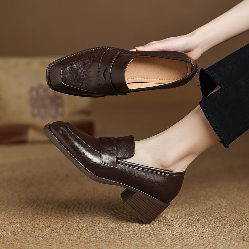 Fashion 2025 New Spring Genuine Leather Women Shoes Round Toe Women Pumps Brogue Designs Shoes for Women High Heel Loafers Ladies Shoes