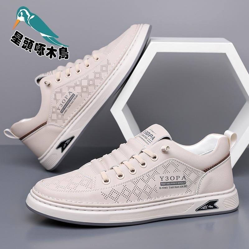 Men's hollow white shoes men's shoes 2025 new leather quick-drying leather shoes trend hundred shoes