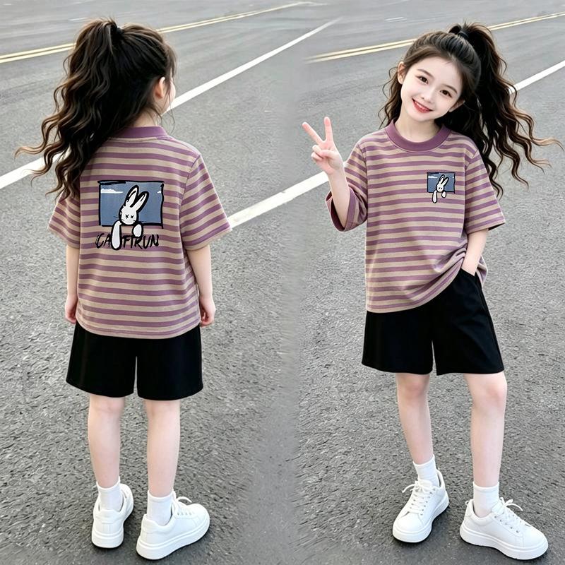 Girls' Stylish Patchwork Stripe Short Sleeve T-shirt Set for Ages 6-15