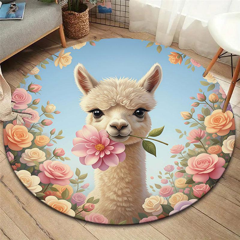 Cuteflowersanimals Round Area Rug,Carpet Rug for Living Room Bedroom Sofa Playroom Decor,Non Slip Floor Mat