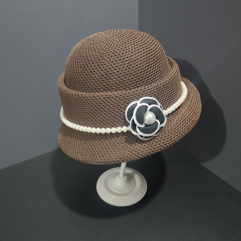 Hepburn Camellia Pearl Top Hat Women's Summer French Retro Elegant Curled Beret Small Bucket Hat