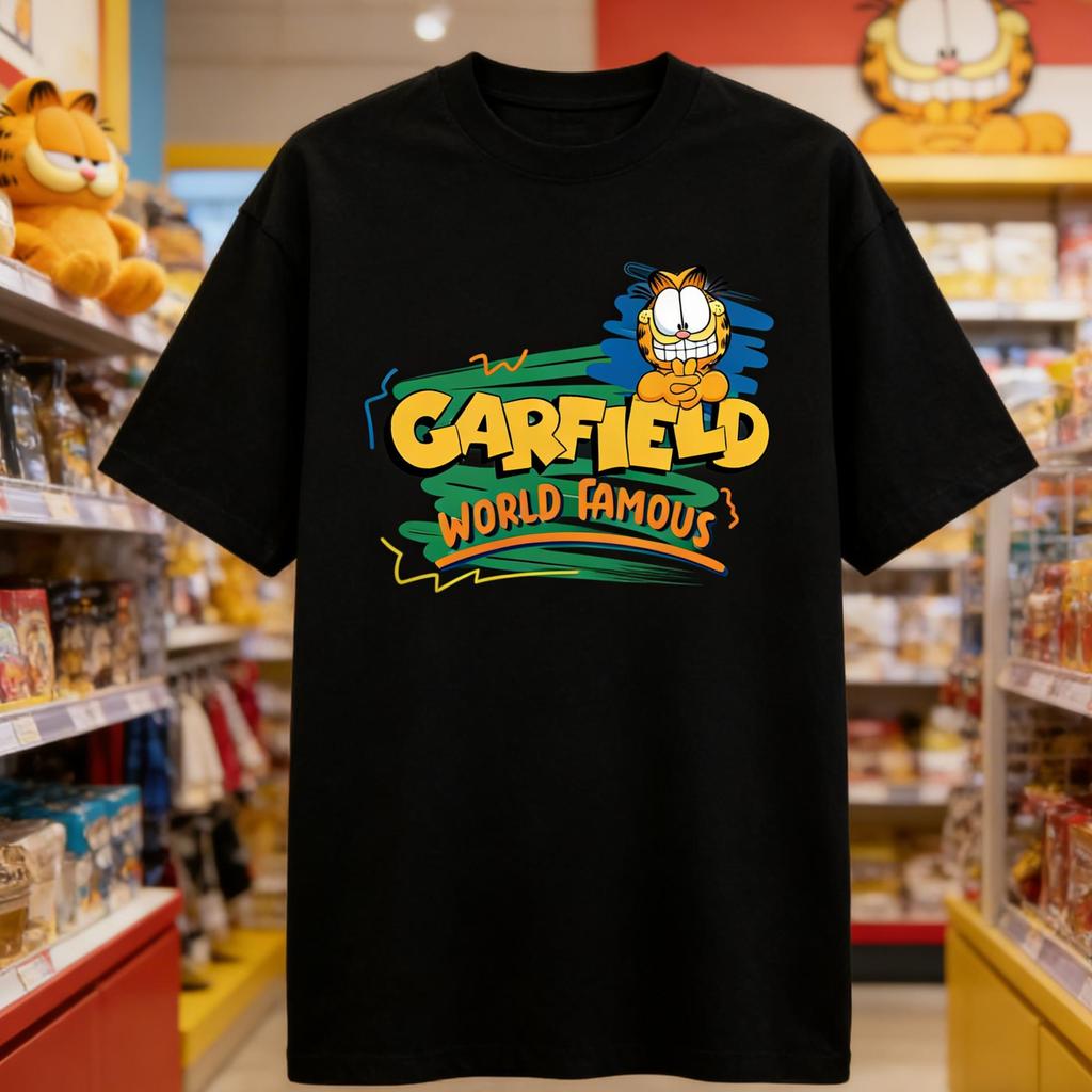 Garfield """FAMOSO IN TUTTO IL MONDO""" T-shirt a maniche corte con stampa di lettere "WORLD FAMOUS", Marchio Streetwear Americano Cotone Pesante Vestibilità Larga Oversize Top per Coppia