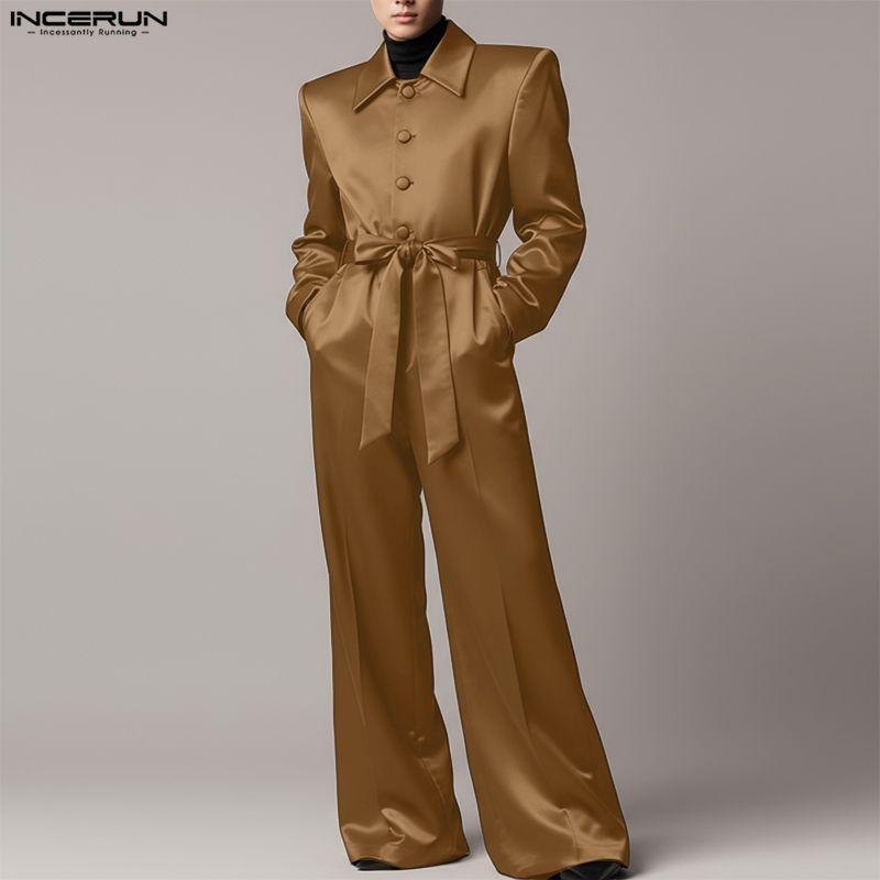 INCERUN Men Long Sleeve Buttons Bandage Jumpsuit Long Rompers Overalls
