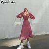 New Autumn Sexy Slit Dress for Women, Long Wrinkle Fabric Midi Skirt Female French Style Long Sleeve Square Neck Dress