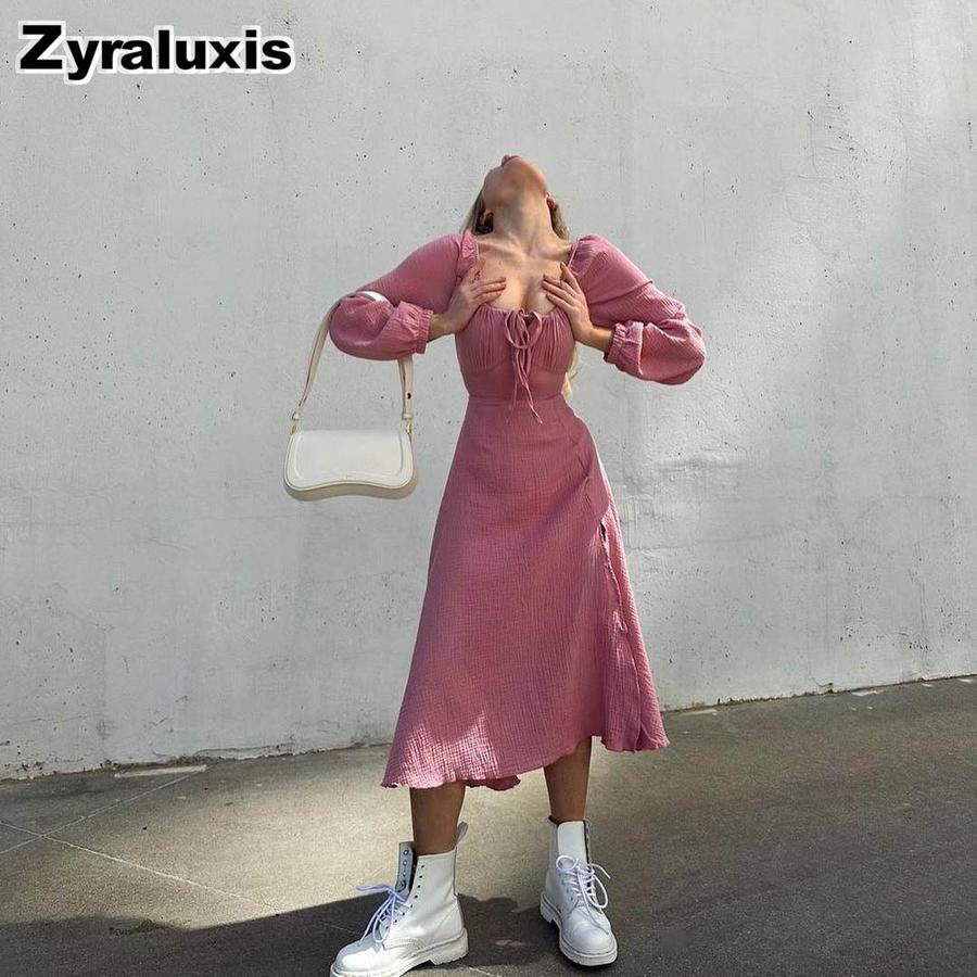 New Autumn Sexy Slit Dress for Women, Long Wrinkle Fabric Midi Skirt Female French Style Long Sleeve Square Neck Dress