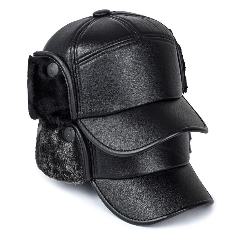 Middle-Aged and Elderly Cap Men's Winter PU Baseball Cap Warm Ear Cap Waterproof Old Father Cap