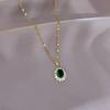 Oval Cut Emerald Green Stone Sunburst Halo Pendant Women Thin Flake Link Clavicle Necklace