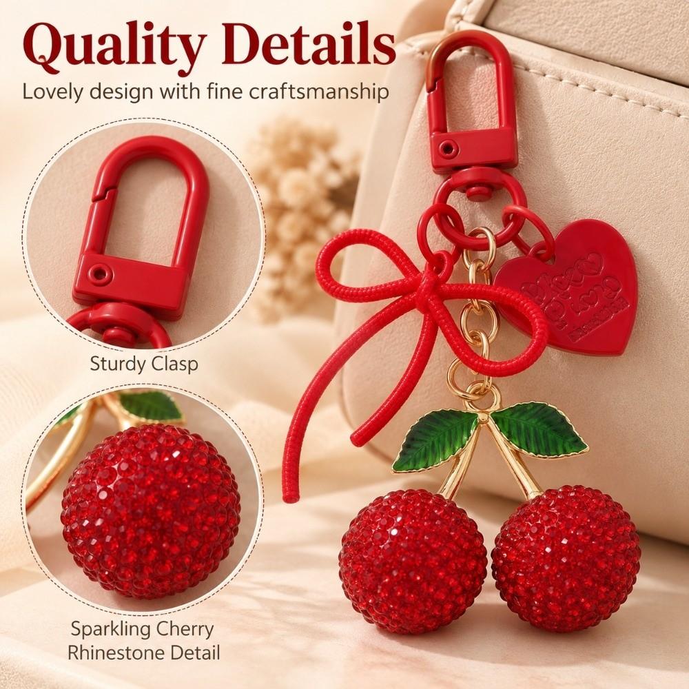 Sparkly Fruit Cherry Keychain Pearl Bow Charm Car Key Ring Fruit Bag Pendant Purse Decoration