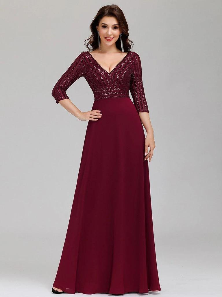 Elegant Plus Size Sequined V-Neck Chiffon Evening Dress with Mid Sleeves and Swing Skirt