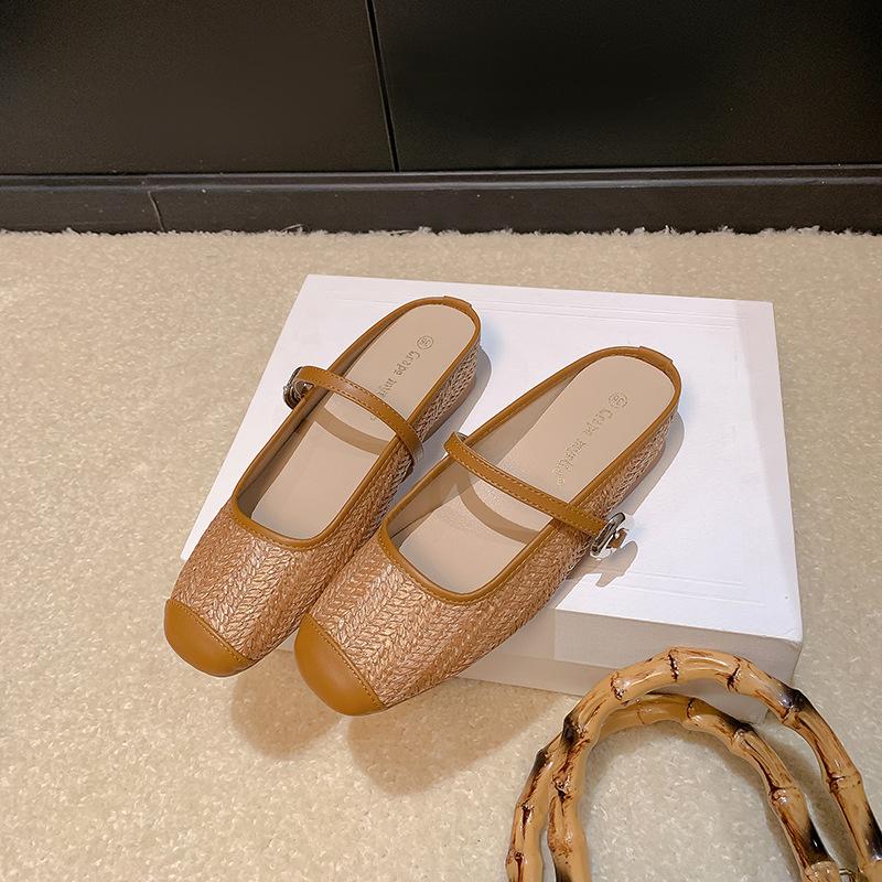 Grape Mother Summer Retro Woven Hollow Square Head Word with Thick Heel Sandals Muller Half Slippers Women's Wear