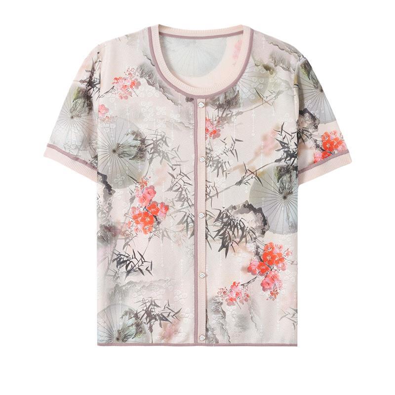 2026 High-End Ice Silk T-Shirt for Moms: Short Sleeve, Chinese Style, Elegant and Lightweight, Ideal for Middle-Aged & Elderly Women