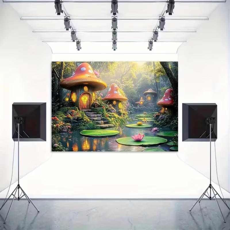2D Flat Printing Magical Mushroom House Backdrop for Kids Fairy Tale Party Photoshoot