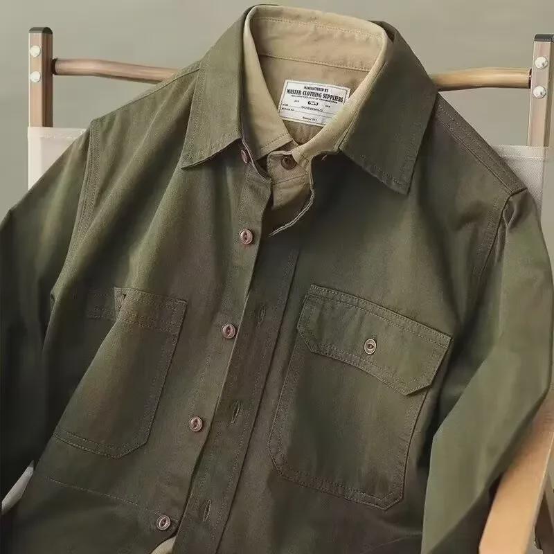 Men's Khaki Military Green Retro Shirt Jacket for Spring and Autumn