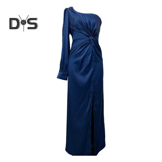 

Женское вечернее платье на одно плечо с открытым рукавом, разрезом по низу, однотонное, с тонкой талией, плиссированное, с узлом, однотонное, коктейльное, вечернее платье макси S темно-синий