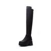 Womens Knee High Thick Sole Wide Heel Boots Genuine Leather Black Round Toe Rubber Sole All Day Comfort Casual Formal Wear