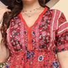 (M~4XL) Vestido Largo Boho con Estampado Floral para Mujer Cuello en V manga corta cintura alta patchwork vestido maxi moda casual transpirable ligero talla grande