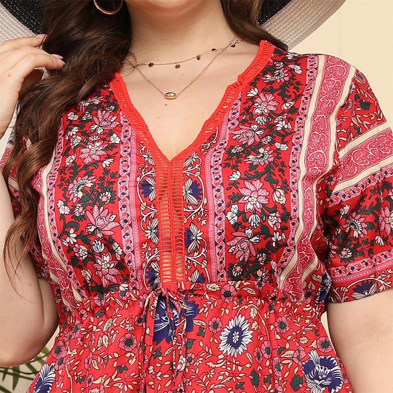 (M~4XL) Vestido Largo Boho con Estampado Floral para Mujer Cuello en V manga corta cintura alta patchwork vestido maxi moda casual transpirable ligero talla grande