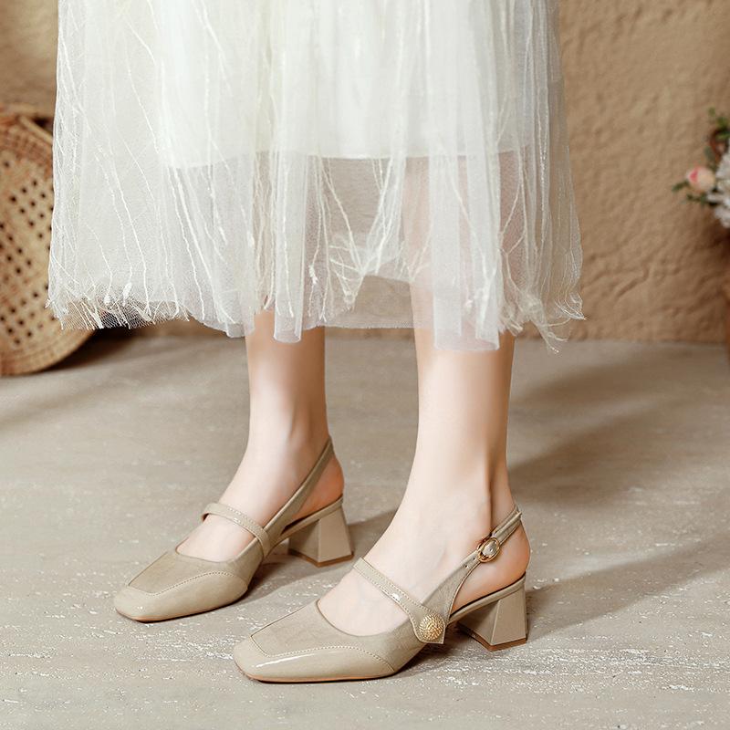 French high heels thick heel 2025 new large size women's shoes square head empty single shoes women's middle heel fashion bag head sandals