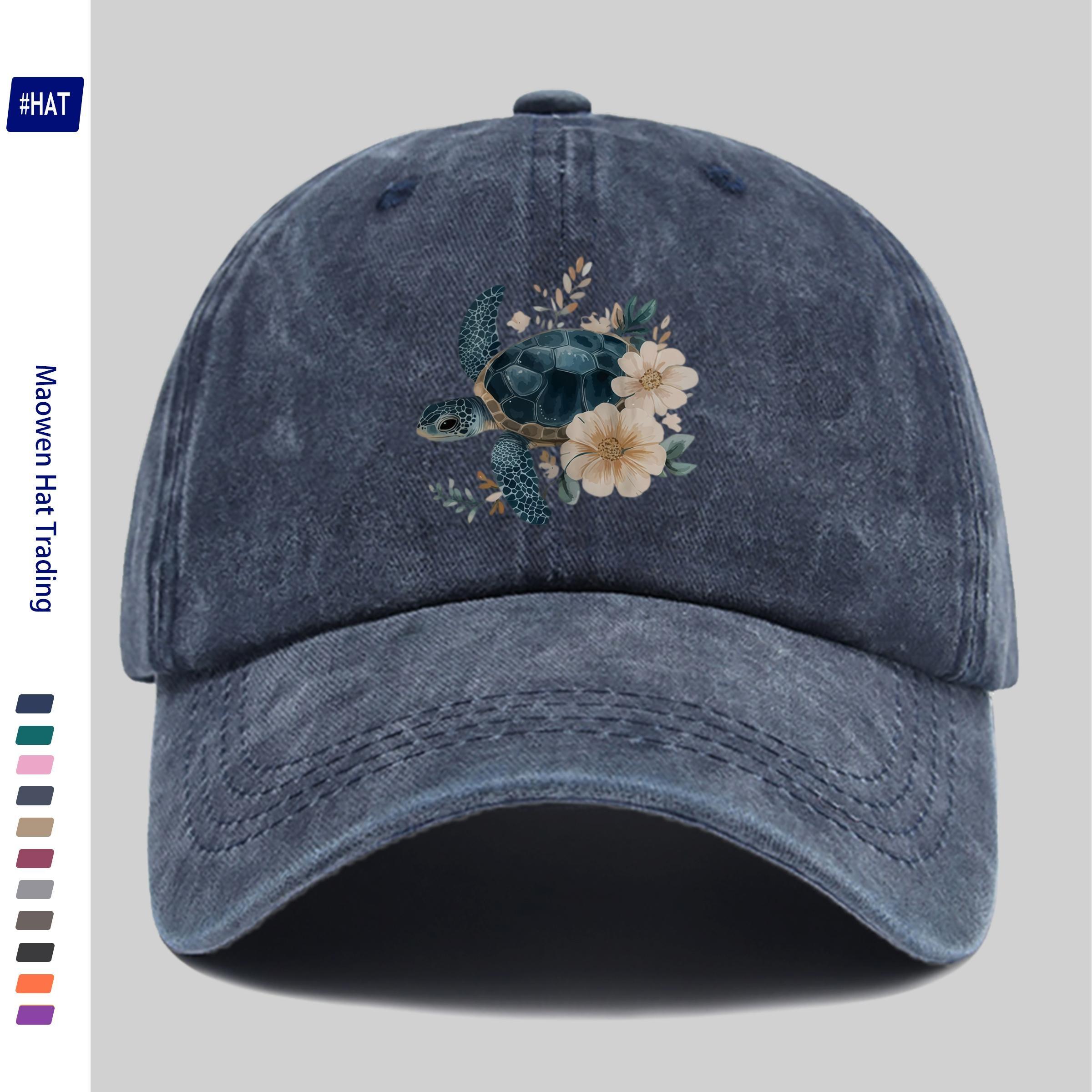 Turtle Floral Baseball Cap Washed Denim Distressed Adjustable Vintage Outdoor Sun Hat One Size