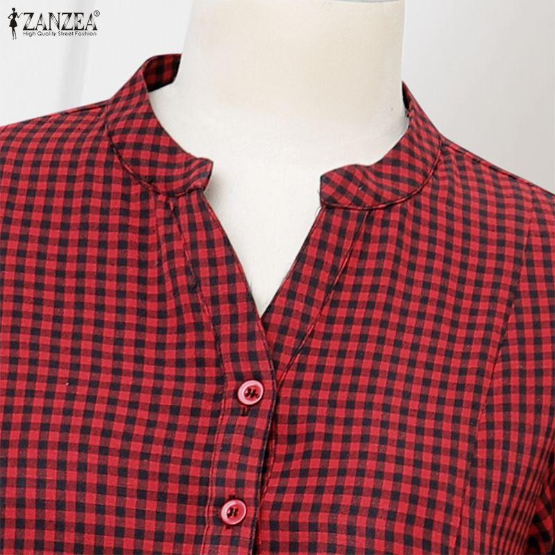 ZANZEA Women Casual Button Round Neck Short Sleeve Plaid Print Dress