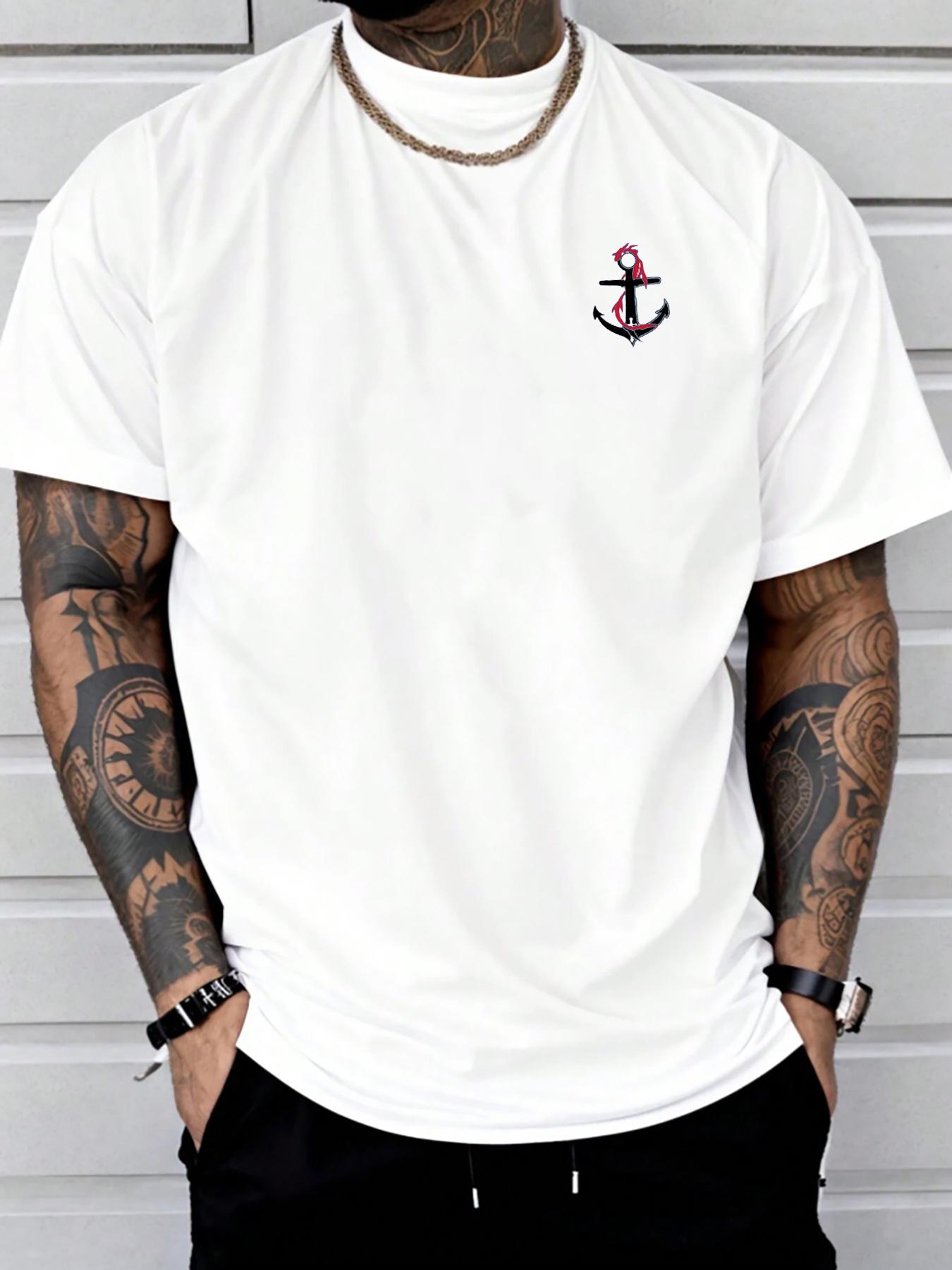 

Men s summer 100% cotton fashionable casual loose sports dragon and boat anchor pattern printed round neck short sleeved T-shirt S разноцветный