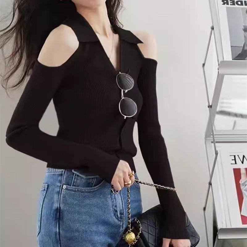 2025 New Elegant Off Shoulder Cardiagn Women Sweater Long Sleeve Slim Fit Fashion V-neck Knitted Top Solid Color Fall Fashion Sexy Knitwear Clothes