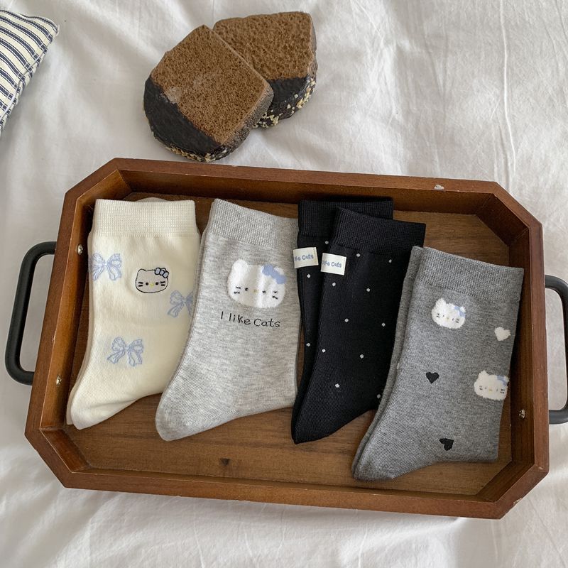 Early Autumn Boneless Socks Flocked Korean Cute Cartoon Bow Cat Mid-Tube Socks Versatile Socks Cotton Socks