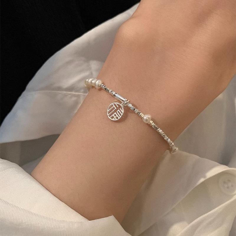 925 Sterling Silver Bracelet for Women Girl Pearl Fu Zi Temperament Korean Retro Design Jewelry Gift Dropshipping