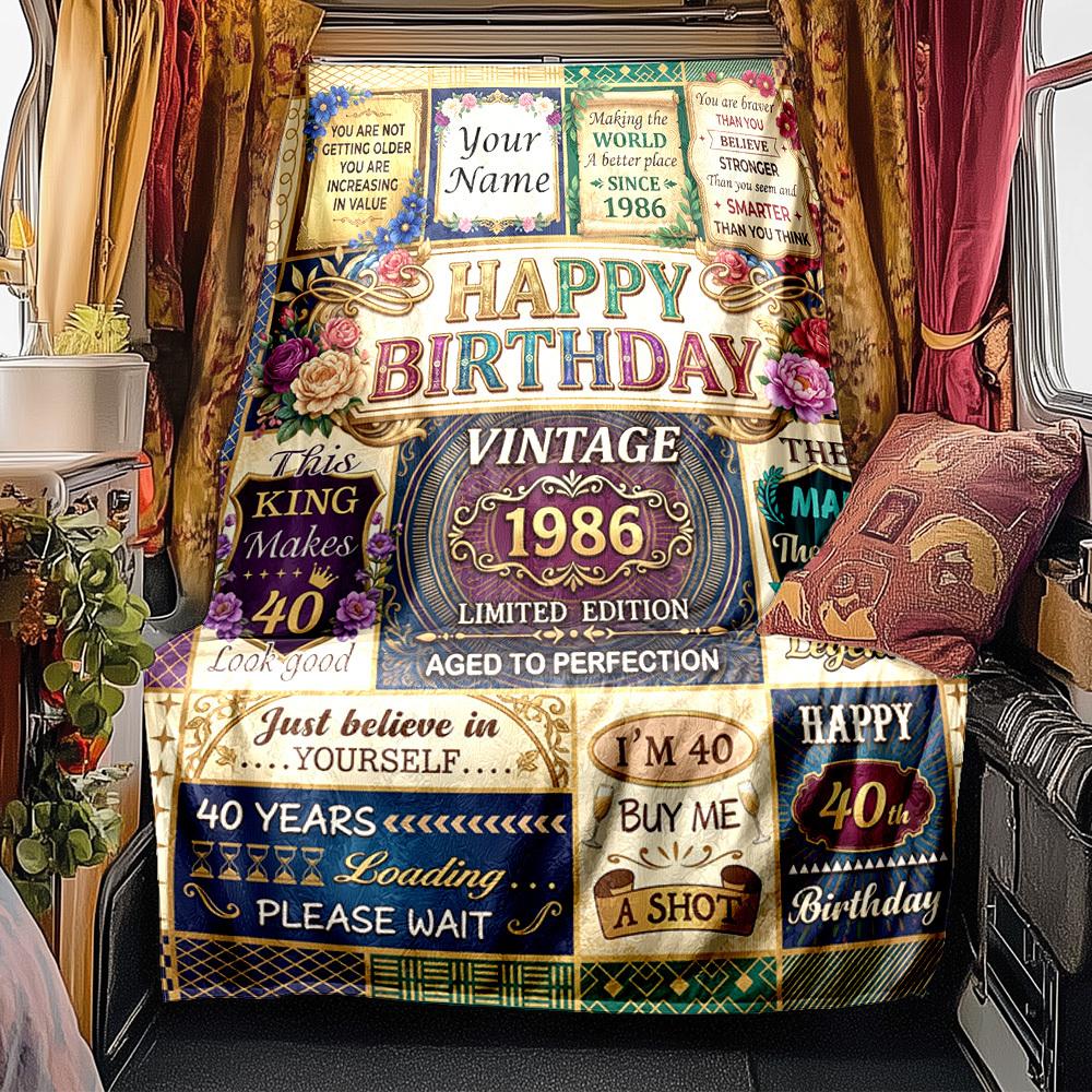 Vintage 40Th Birthday Celebration Blanket Personalized Name Soft Comfortable Stylish Blanket Car Blanket Perfect For Travel Camping Outdoor Home