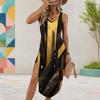 Women Plus Size Sleeveless U Neck Printed Light Purple High Side Slit Midi Dress