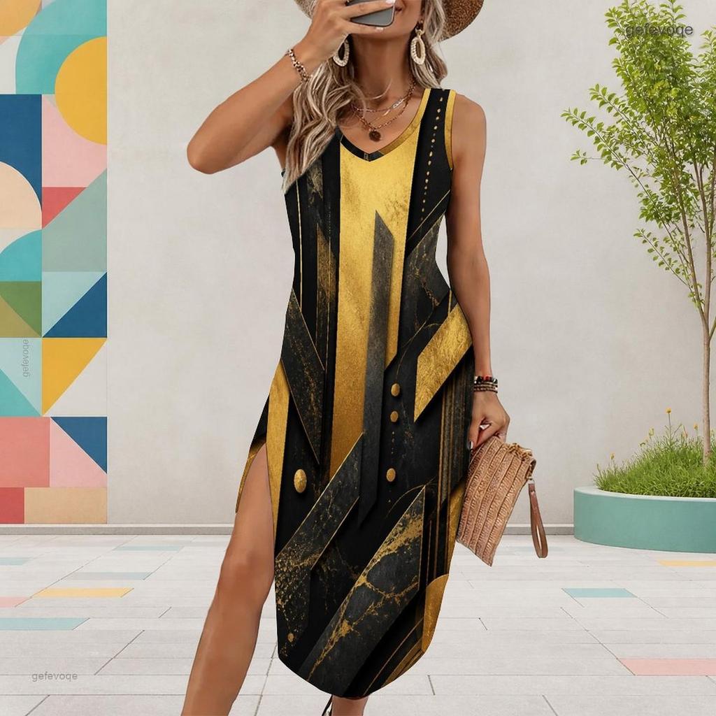 Women Plus Size Sleeveless U Neck Printed Light Purple High Side Slit Midi Dress