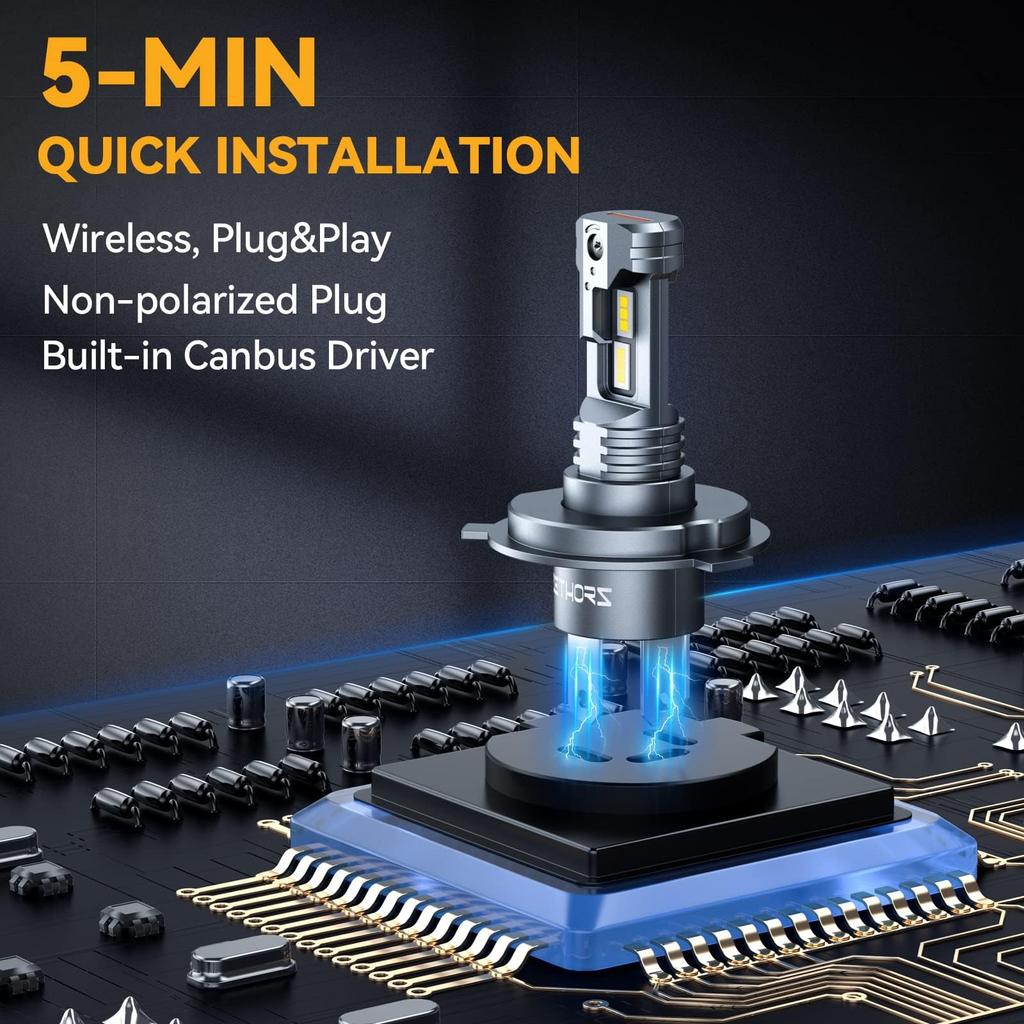 Reflektor LED Zethors H4, Hi/Lo do samochodów, Wysoka jasność, 6000K, 3x Jasność, Biały, Bezprzewodowy,