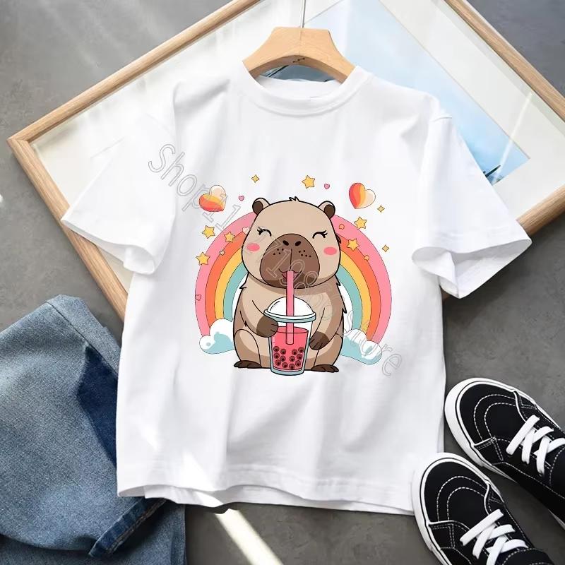 Capybara Cartoon Character Print Tops Cool Comfortable Shirts Birthday Party Gifts Boys Girls Cotton T-shirt Cute Short Sleeves