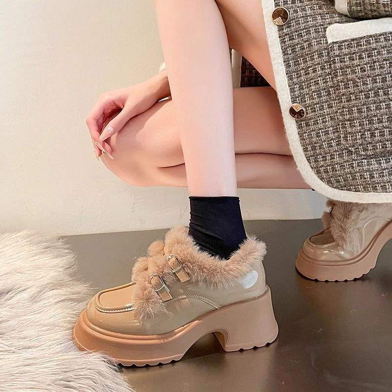 Mary Jane Small Leather Shoes, Plush Thick Heels, High Heels for Women, Autumn and Winter 2025, Fluffy Shoes, Platform Loafers for Women, Heigh