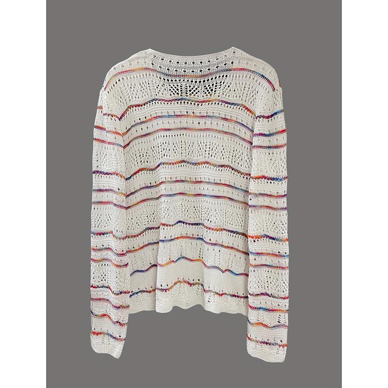 Women's New Spring and Summer Daily Comfortable and Loose Versatile Contrast Striped V-neck Knitted Hollow Sweater for Women