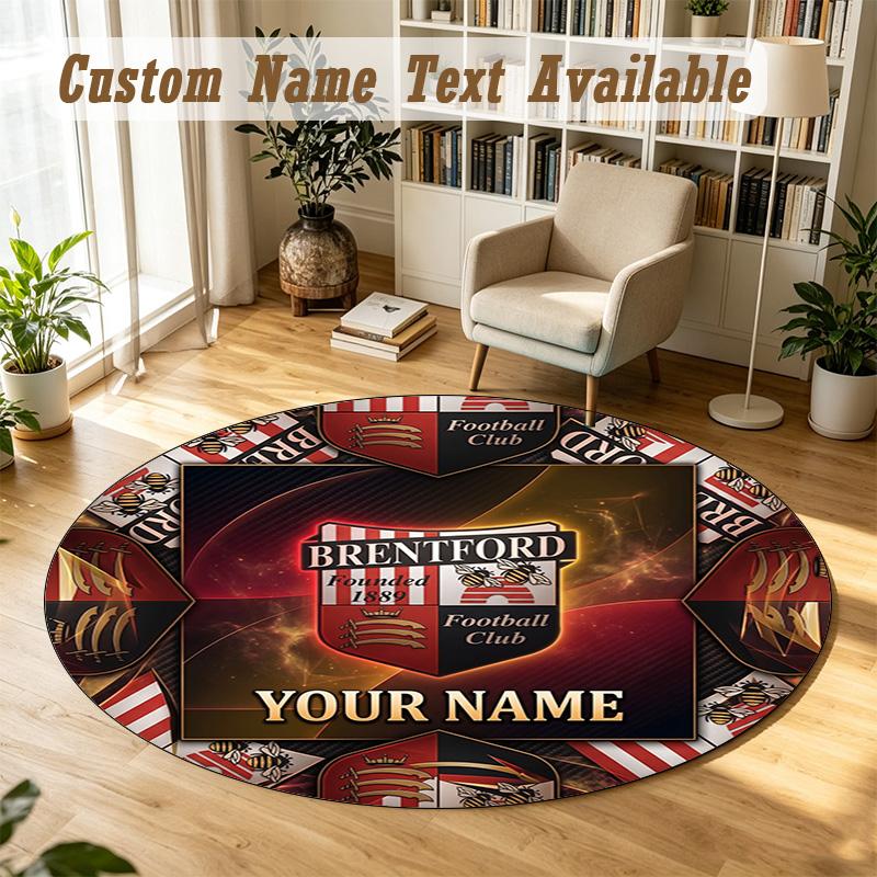 Round Rug Custom NameBrentford Football Pattern Non Slip Carpet Home Floor Decor