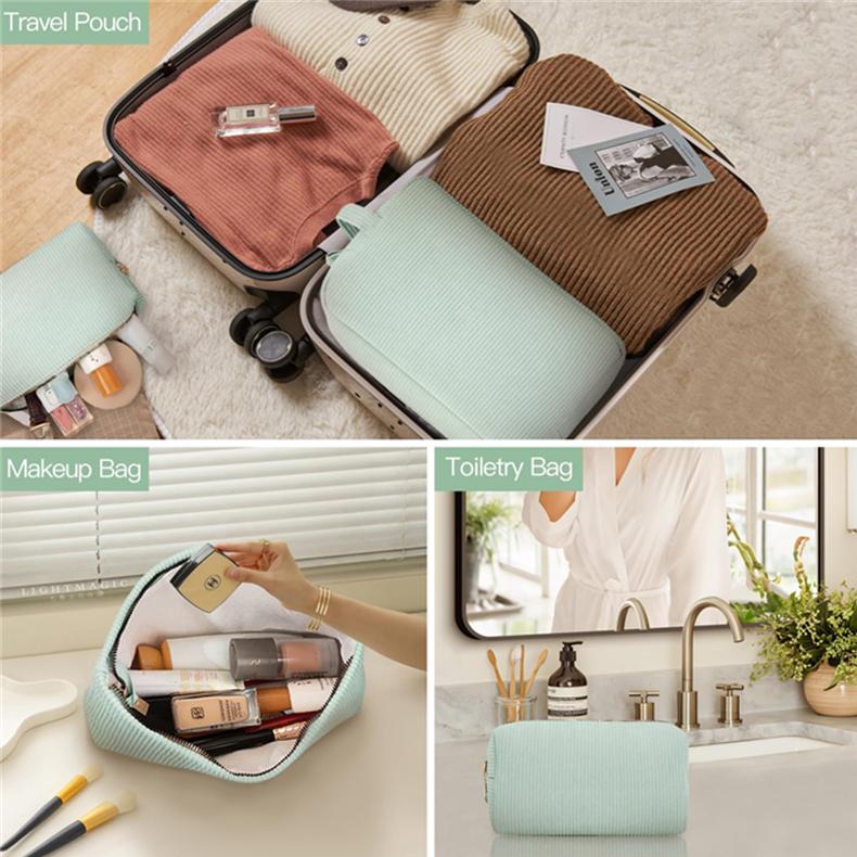 Fashionable PU Leather Cosmetic Bag Zipper Closure Custom Logo Large Corduroy Stylish Portable Makeup Storage for Travel