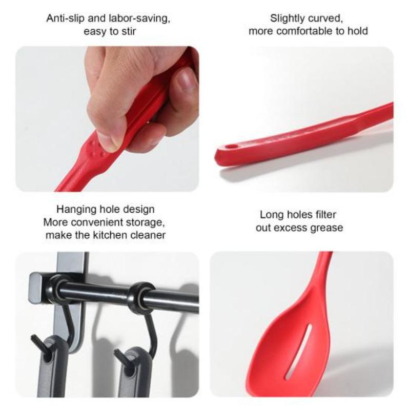 Large Silicone Cooking Spoon Spatula Kit Non-Stick Slotted Solid Spoon Set Hanging Hole Design