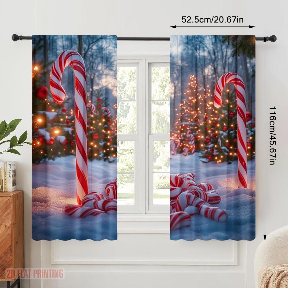 2pcs,2D plane printing Pattern Curtains Christmas Candy Snow Trees (2) 100% Polyester (without rod) Holiday Use for Bedroom,