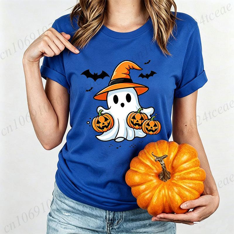 Halloween Schattige Geest Heksenhoed Print T-shirt voor Dames Cartoon Pompoen Vleermuis Grafische Tee Herfst Casual T-shirt Halloween Kostuum Tops