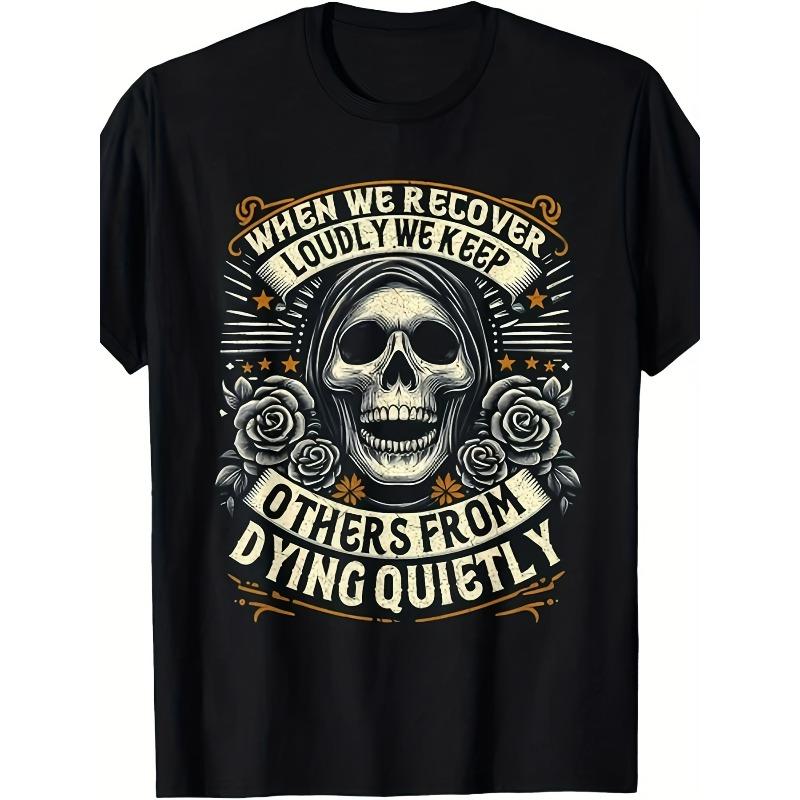 

European sizes Retro Addiction Recovery Sobriety T-Shirt - Vintage Addiction Recovery Graphic Tee with Skull & Roses Design 4XL